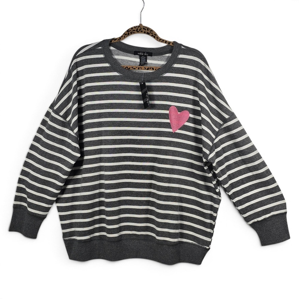 Sable Sky Womens 2X Striped Heart Sweatshirt Grey White Pink Pullover NWT